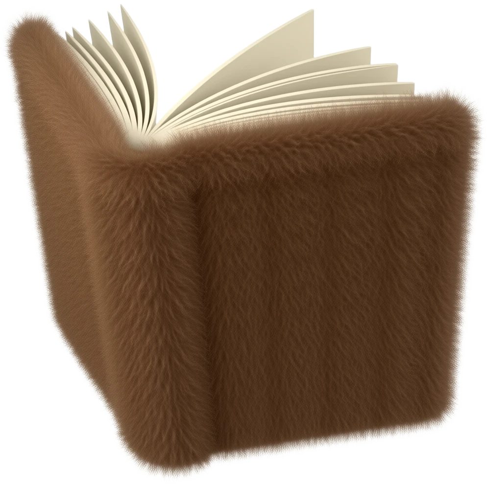 A hairy brown book with strands of wool on the cover, a view of the book from the pages emoji
