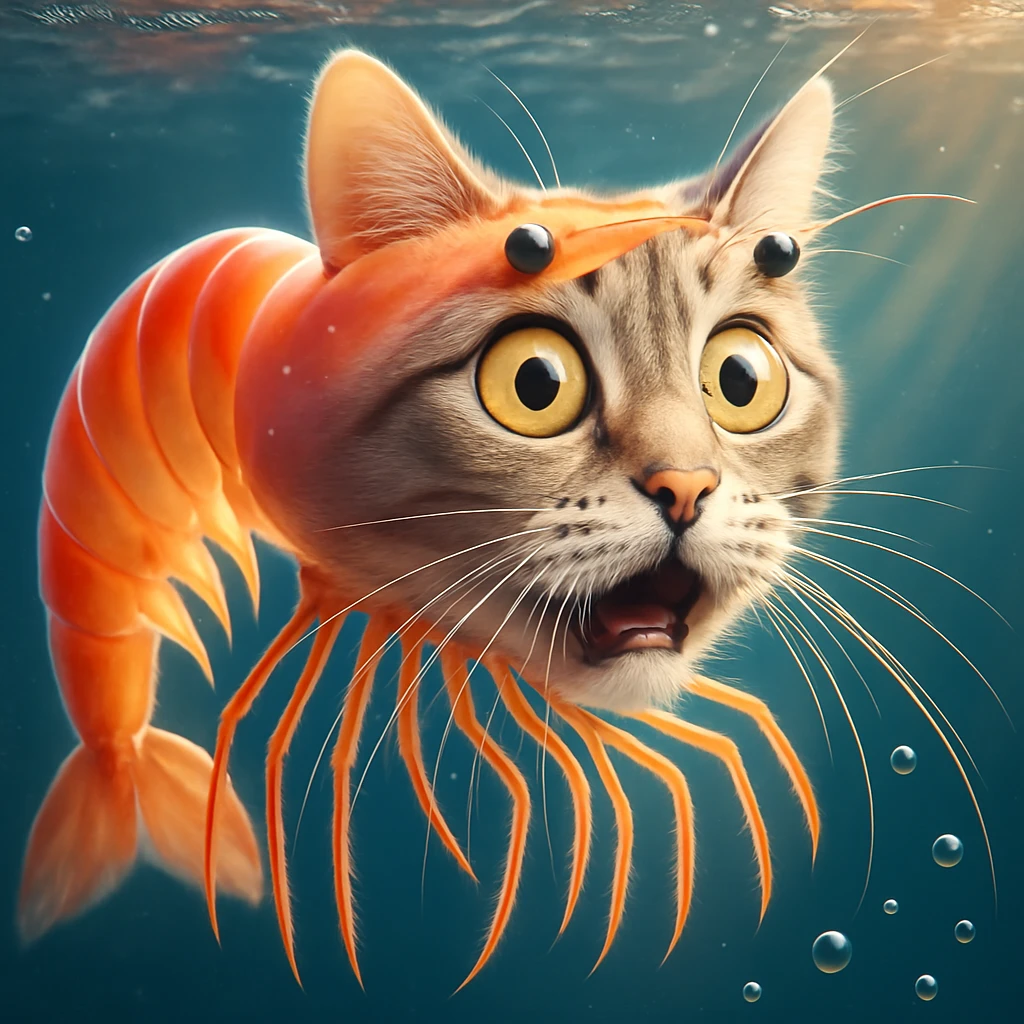Change the expression of the cat-shrimp creature to surprised, keeping all other details and colors the same, in a style consistent with the original image. emoji
