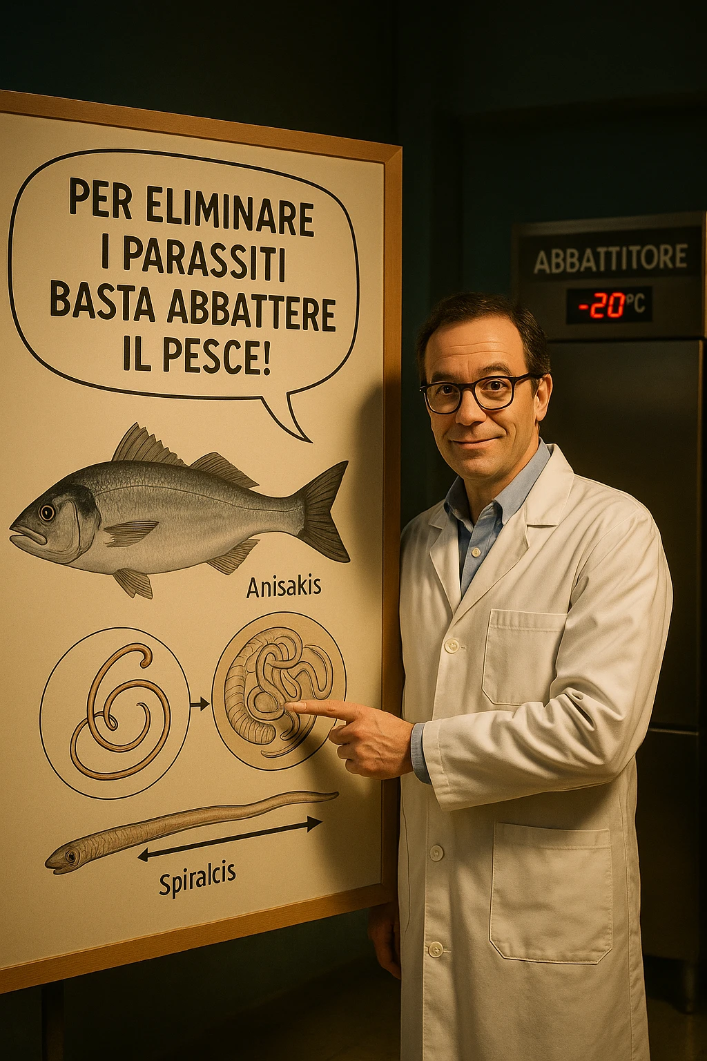 cinematic a scientist in a white lab coat stands beside a large poster showing a fish and a diagram of the Anisakis parasite. The scientist points to a speech bubble that says, “Per eliminare i parassiti basta abbattere il pesce!” In the background, a blast freezer is visible, with a temperature gauge set to -20°C. The mood is informative and reassuring. In italiano emoji