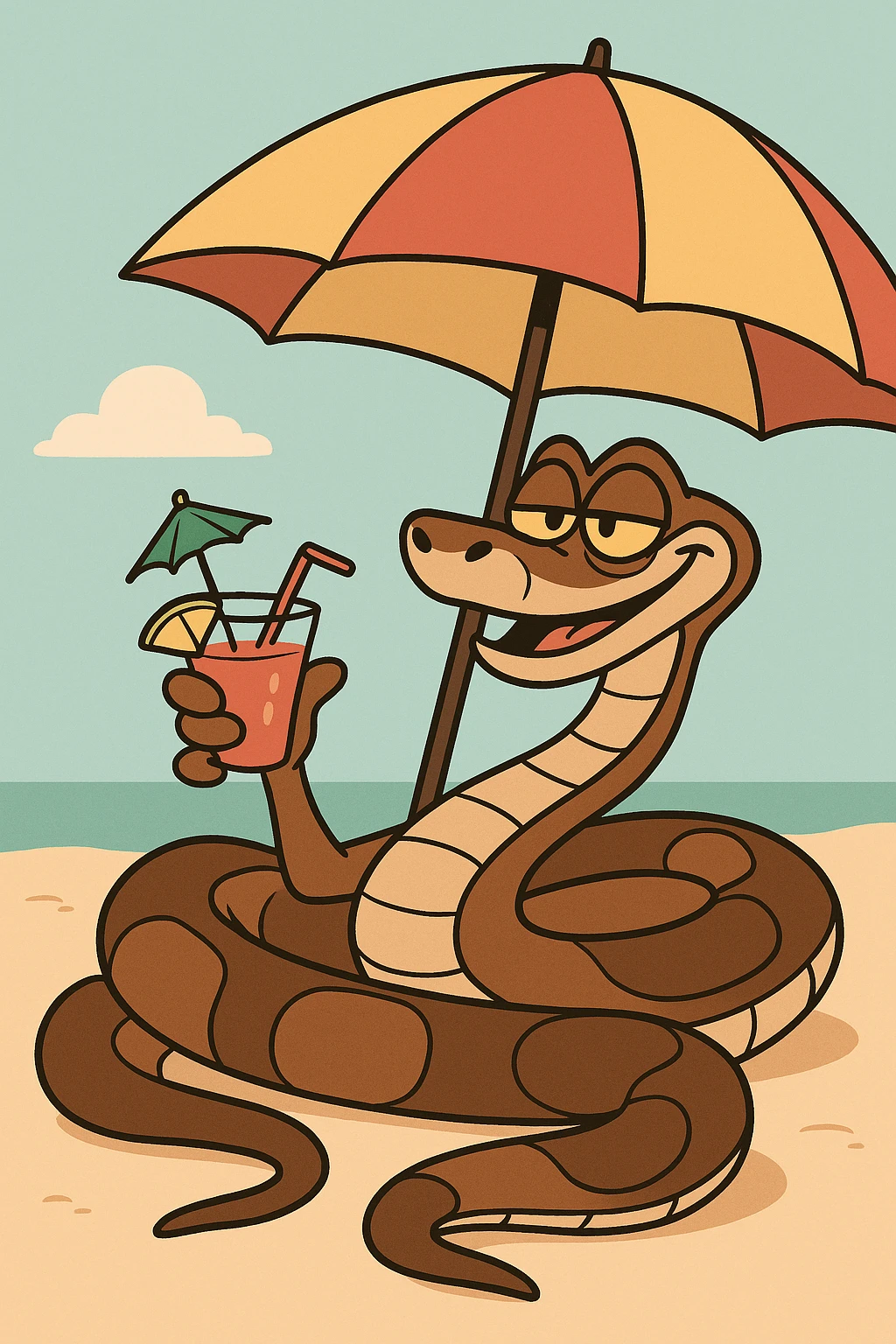 Kaa the snake from The Jungle Book lounging under a beach umbrella, holding a tropical drink, cartoon style emoji