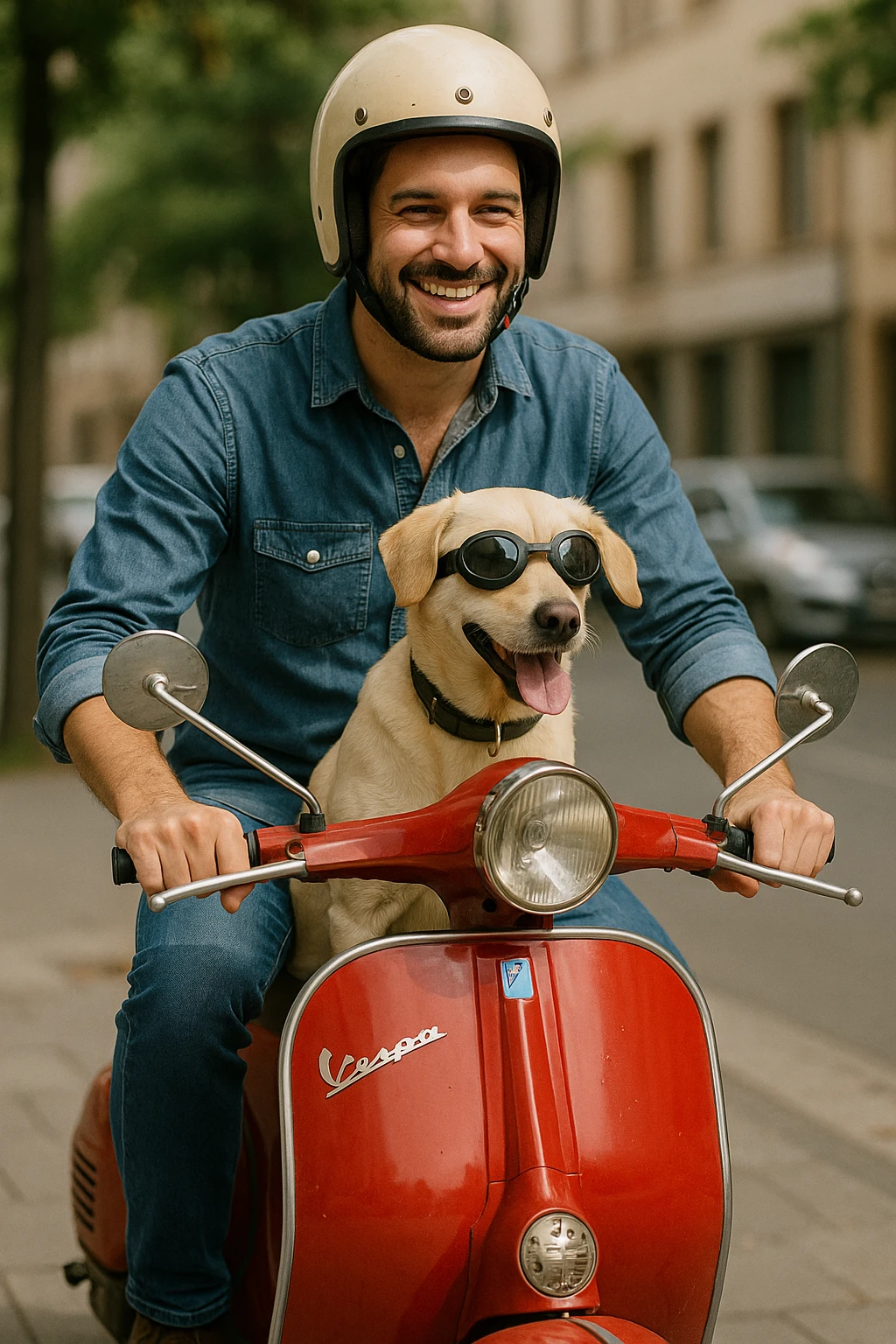 man and his pet dog riding a vespa emoji