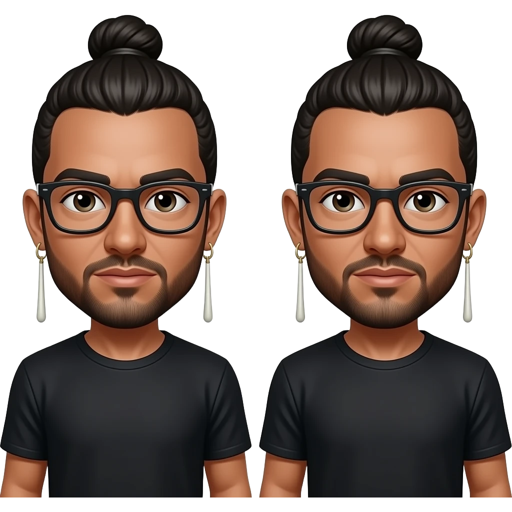 Men with a bun and glasses, long earing and black t-shirt emoji