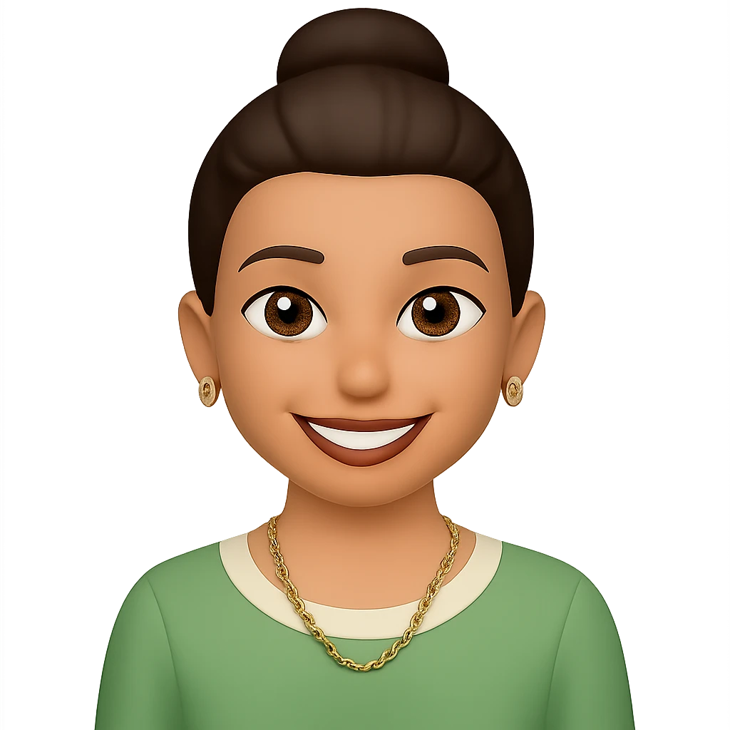 Change the hairstyle of the young woman to a bun. Keep her smiling with dark brown hair, brown eyes, nose piercing, wearing a green and cream blouse and a gold necklace. Convey happiness and relaxation. Remove any background, make it transparent. emoji