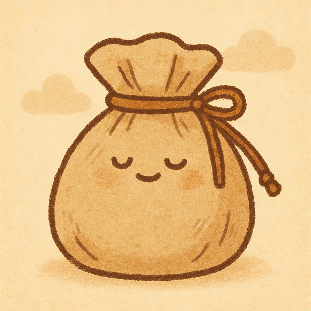 a beige fabric pouch, slightly wrinkled, closed with a drawstring, neutral background emoji