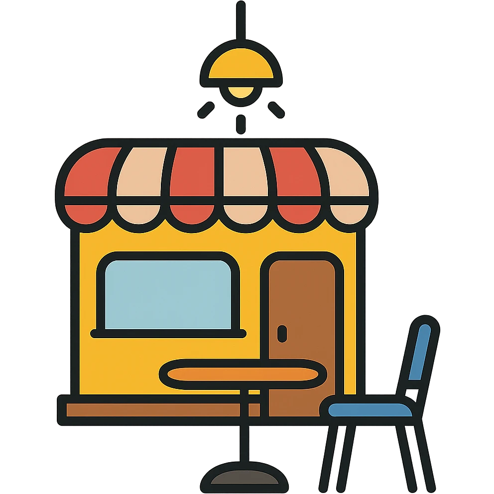 a cozy cafe, warm lighting, inviting atmosphere, modern flat icon style emoji