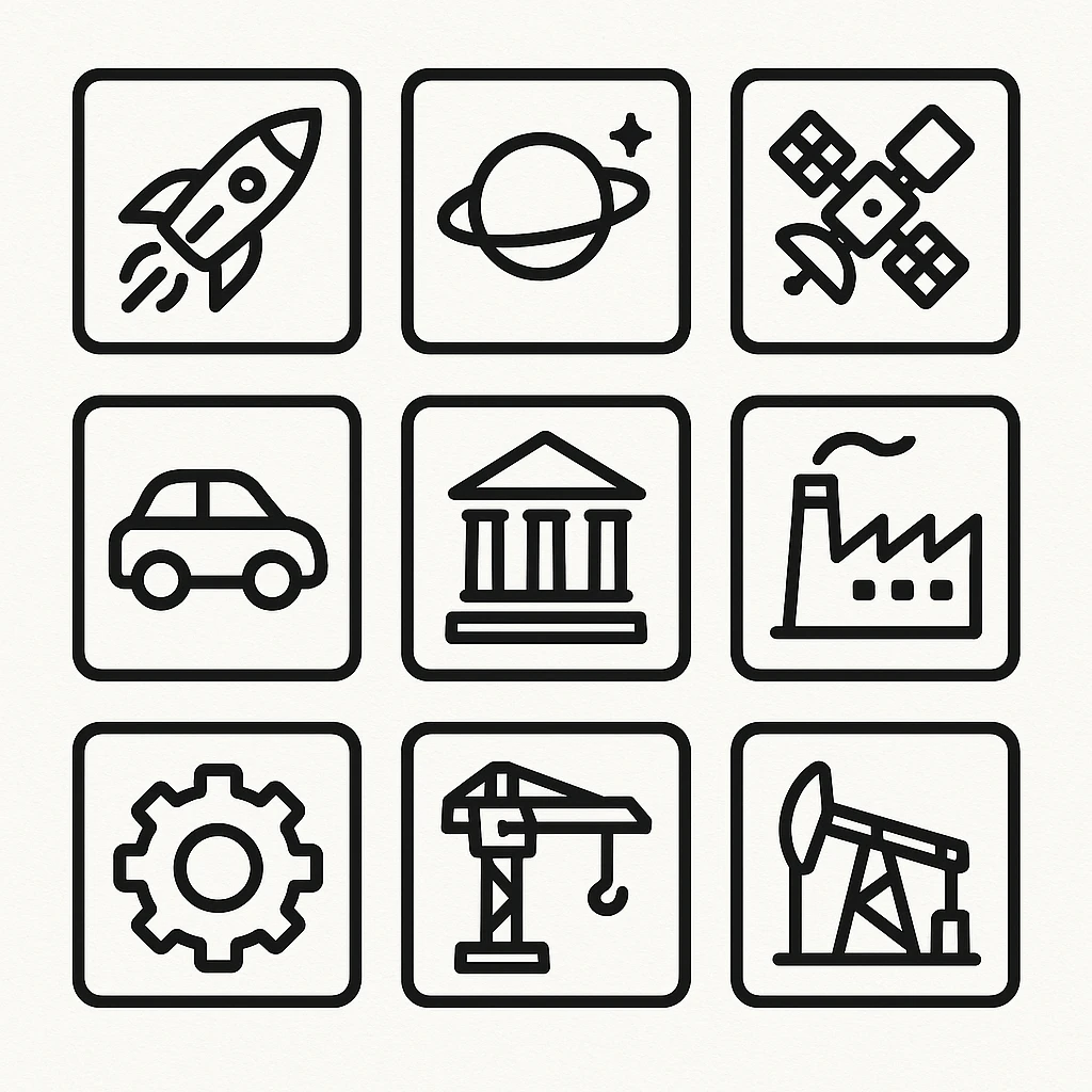 large resolution square minimal icons, space semiotic, black print on white background, square outline icons, sleek symbols, transportation, economy, engineering, industry. Designed for signage.  emoji