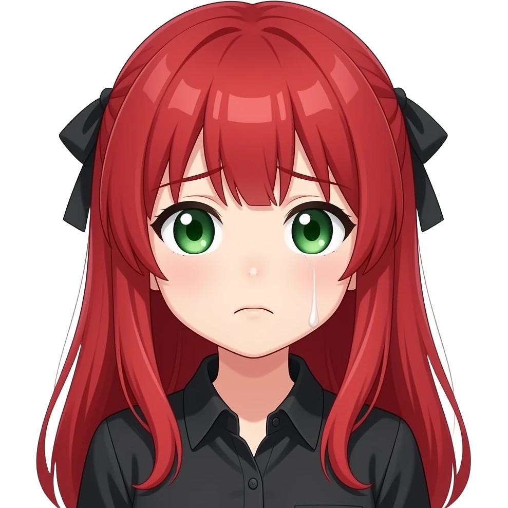 anime girl sad expression red hair green eyes black shirt emoji