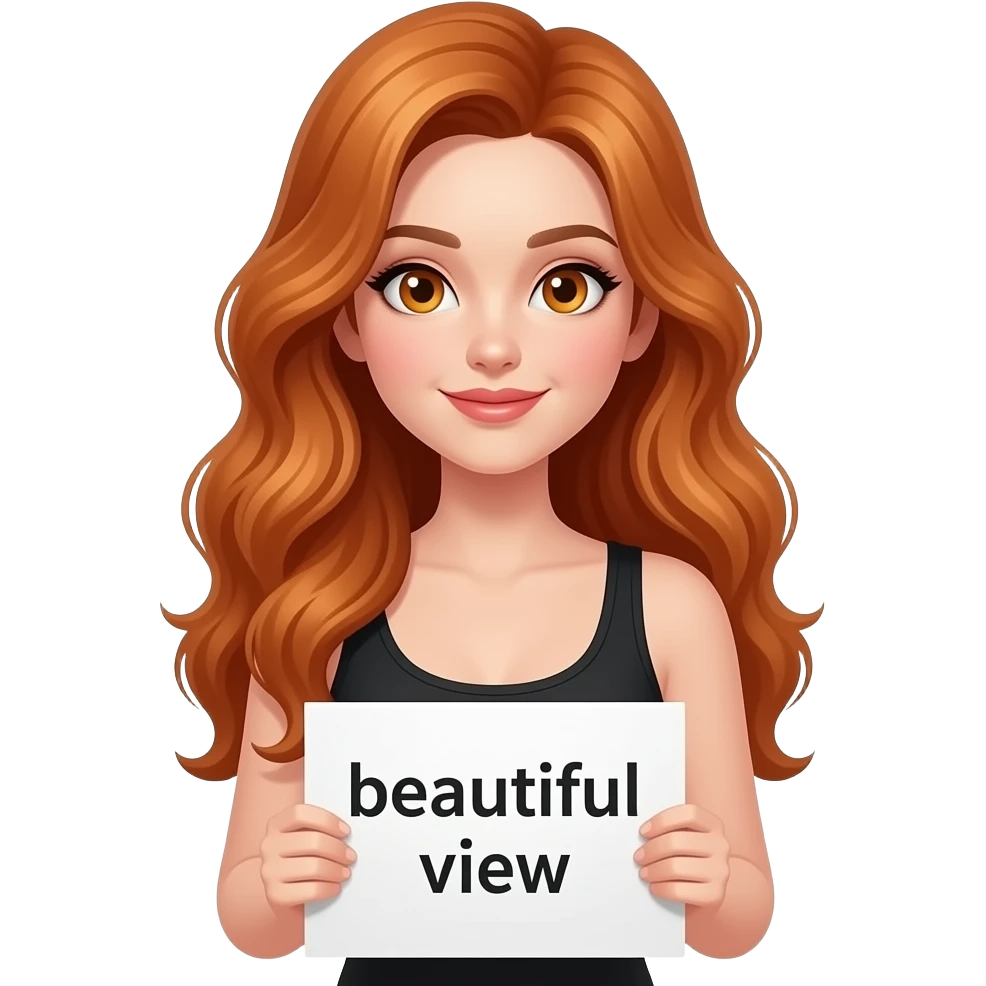 sexy girl with long wavy ginger hair and ginger eyes wearing a black tanktop is holding a white sign with SCHÖNE AUSSICHT written on it emoji