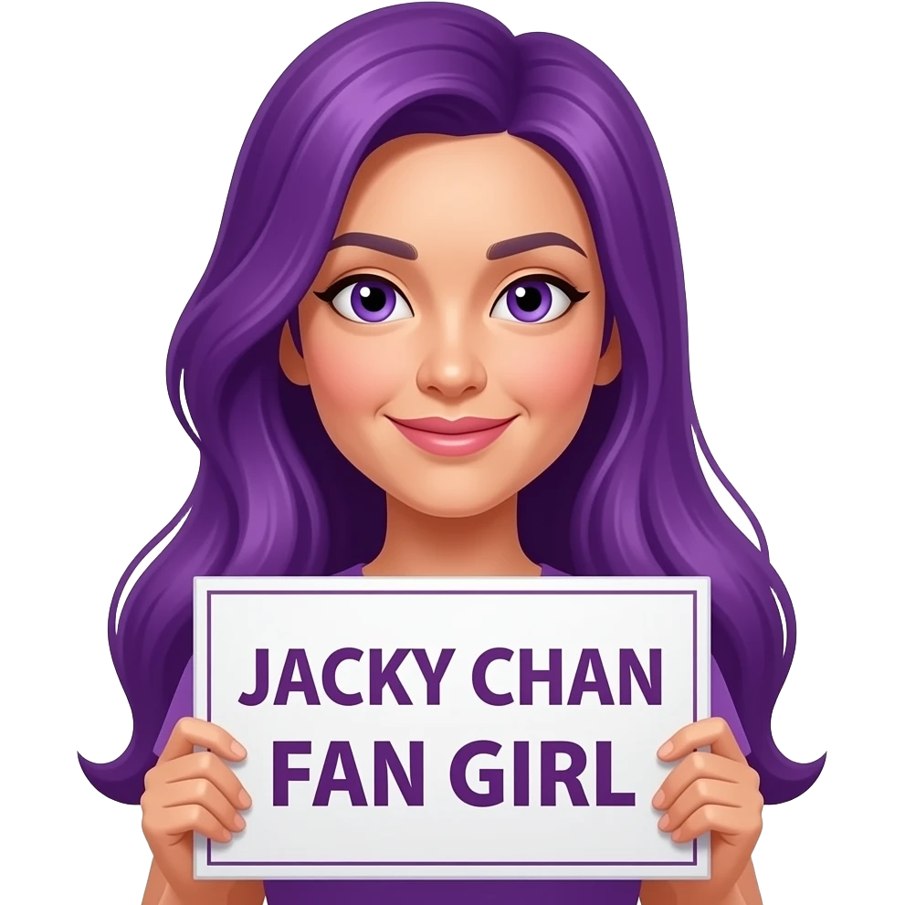 sexy girl with long purple hair and purple eyes holding JACKY CHAN FAN GIRLsign emoji