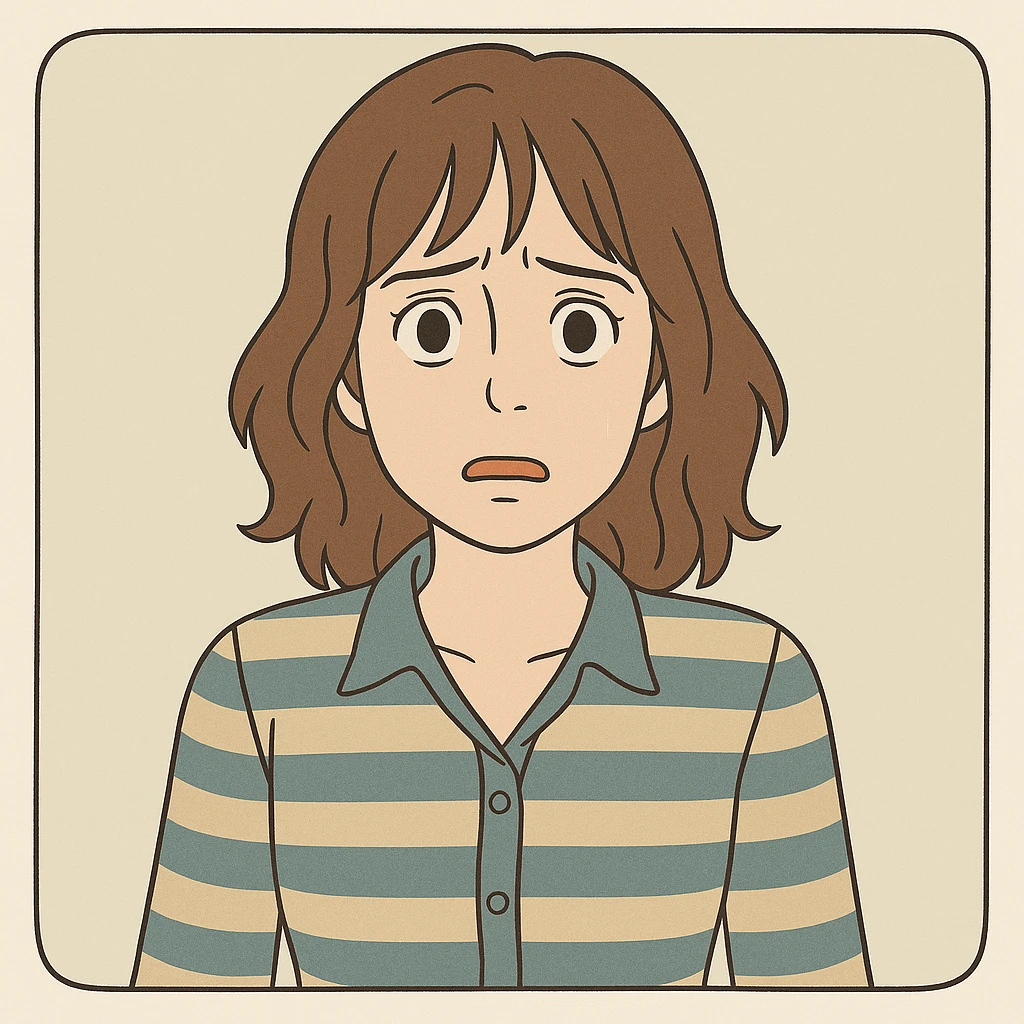 Joyce Byers from Stranger Things, iconic look: brown hair, striped blouse, worried expression, simple line art, light pastel tones, thick outlines, Ghibli style, square 1:1 format, inspired by the provided references. emoji