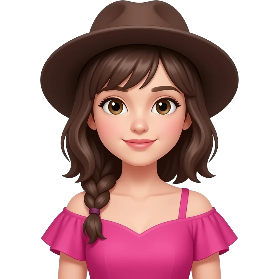 a beautiful girl with think features wear vibrant pink color clothes wide shoulders and wear dark brown hat emoji