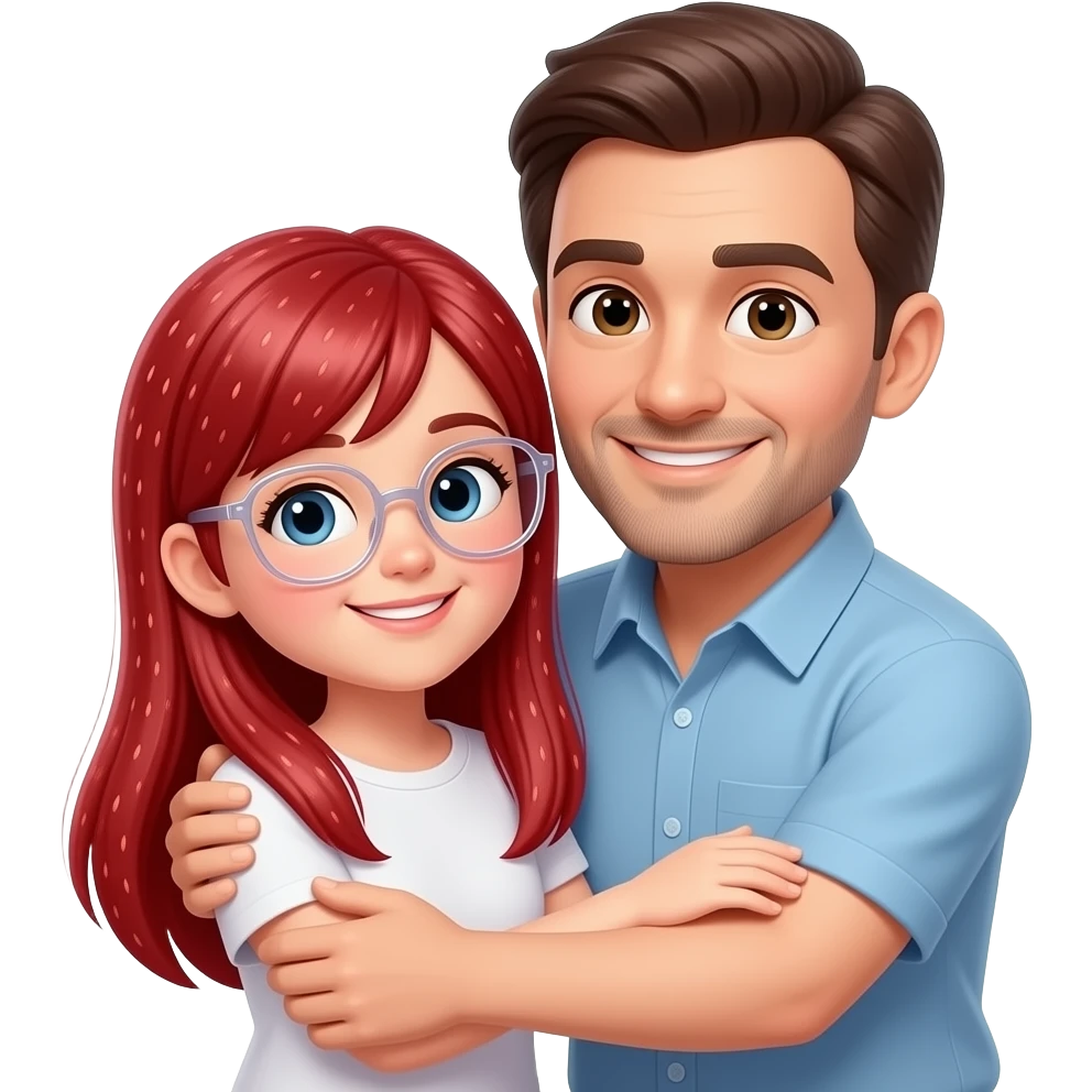 a dad and 13 year old girl hugging girl has longstraight strawberry hair CLEAR glasses emoji