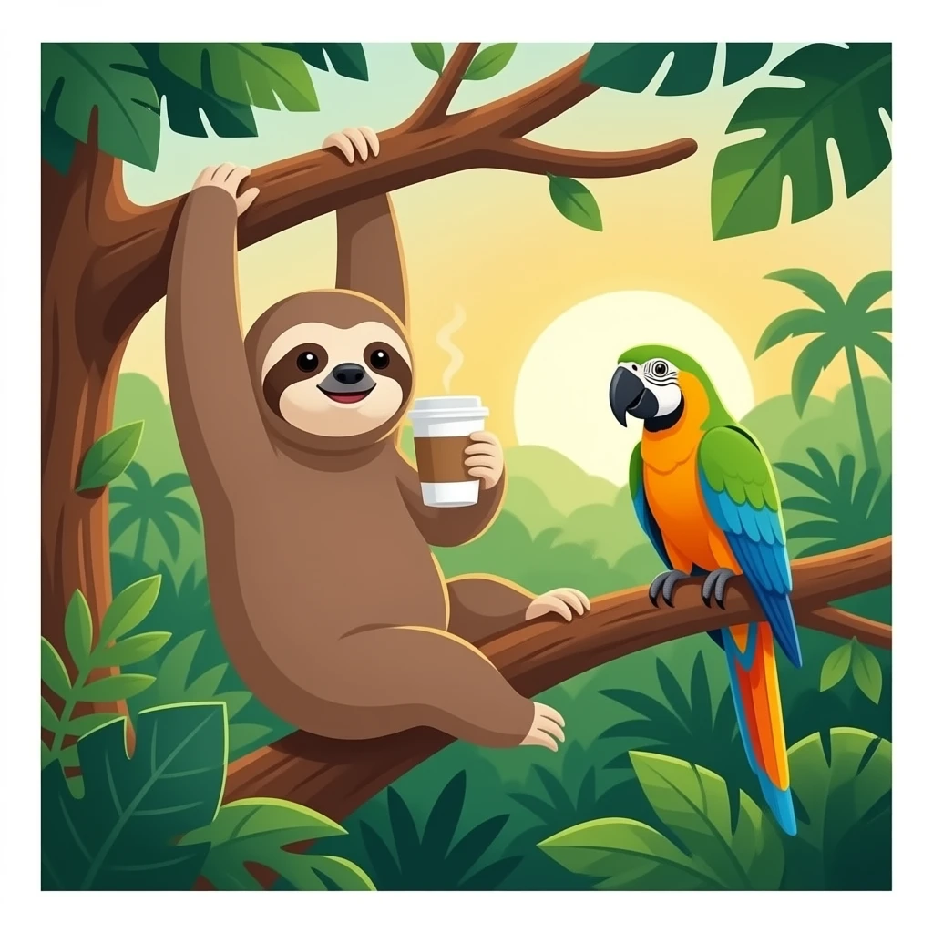 sloth tree morning coffee hanging sunrise jungle paradise parrot emoji