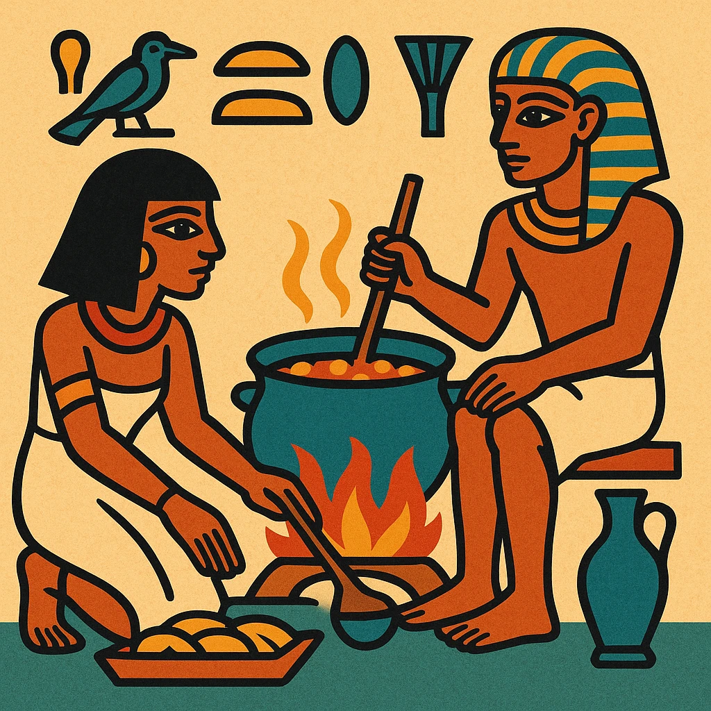 ancient Egyptian cooking scene in hieroglyphic style emoji
