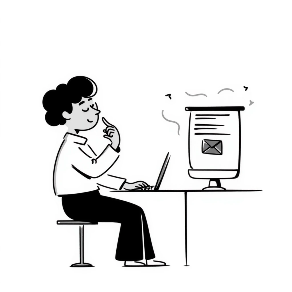 Person with calm expression, breathing deeply, finger hovering over keyboard, email draft visible emoji