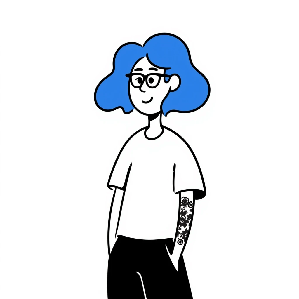 drawing of a person with blue hair, glasses, and tattoos emoji