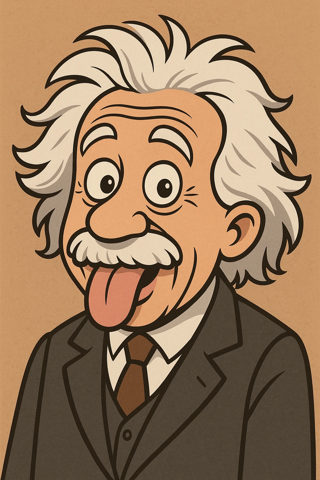 Einstein sticking his tongue out, playful expression, white hair, mustache, suit, cartoon style emoji