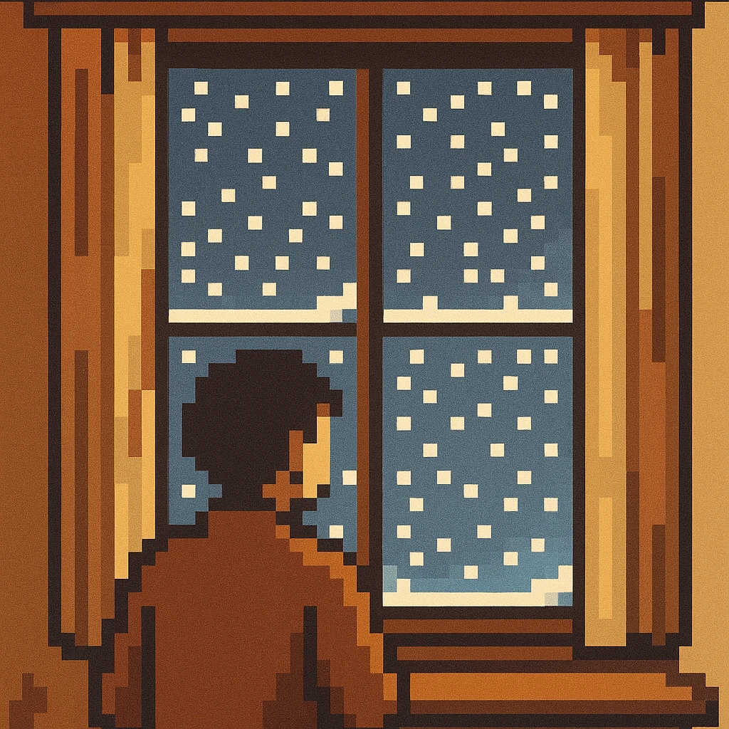 pixel art style scene of a person watching snow fall outside emoji