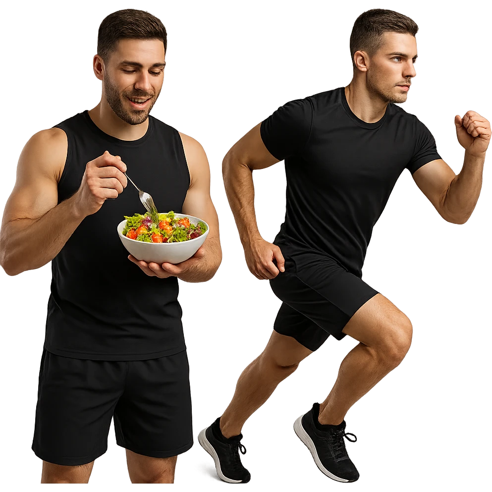 UOMO FITNESS CHE MANGIA INSALATA ACCANTO A UOMO FITNESS CHE CORRE IN POSA FRONTALE emoji