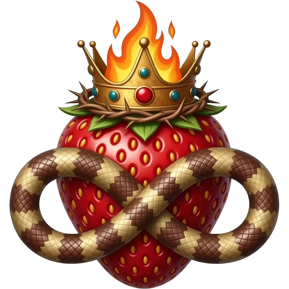 cinematic realistic -a rusty strawberry with a rusty, richly decorated English royal crown on top that is flaming. A crown of thorns is wrapped around the strawberry's body with a snake that is spinning around its body in the form of an infinity sign. emoji