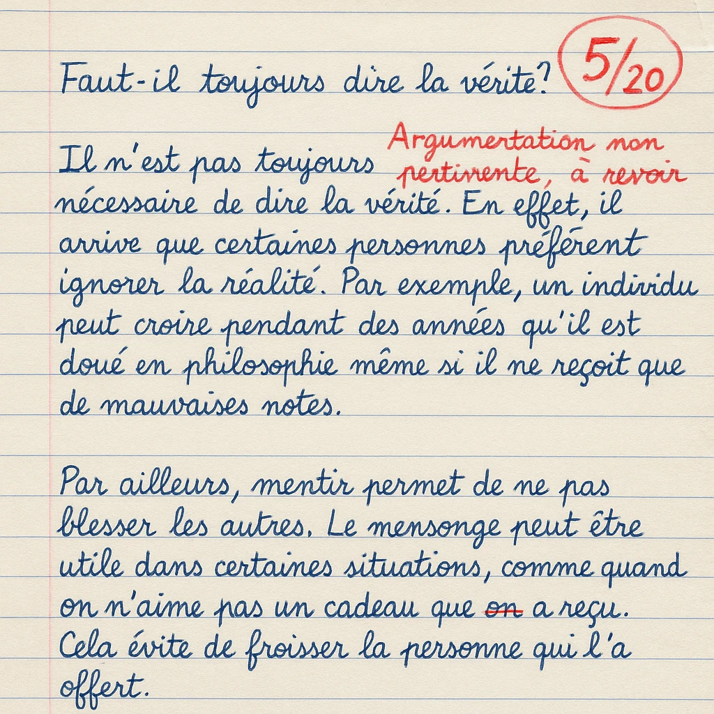 handwritten high school philosophy assignment in French, blue ink, lined paper, grade 5/20 circled in red at top right, teacher's feedback in French: 'Argumentation non pertinente, à revoir' in red, some underlined mistakes emoji