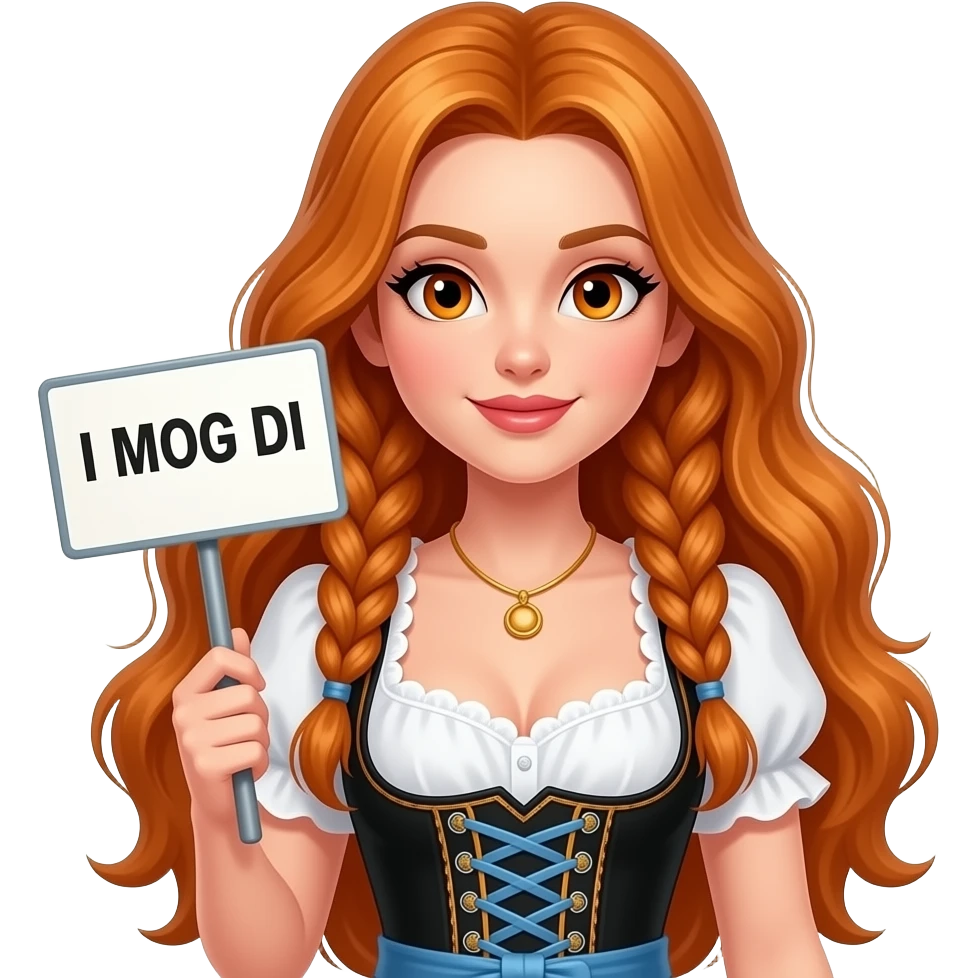 sexy girl with overlong ginger hair in braids and ginger eyes wearing a dirndl holding a I MOG DI sign emoji
