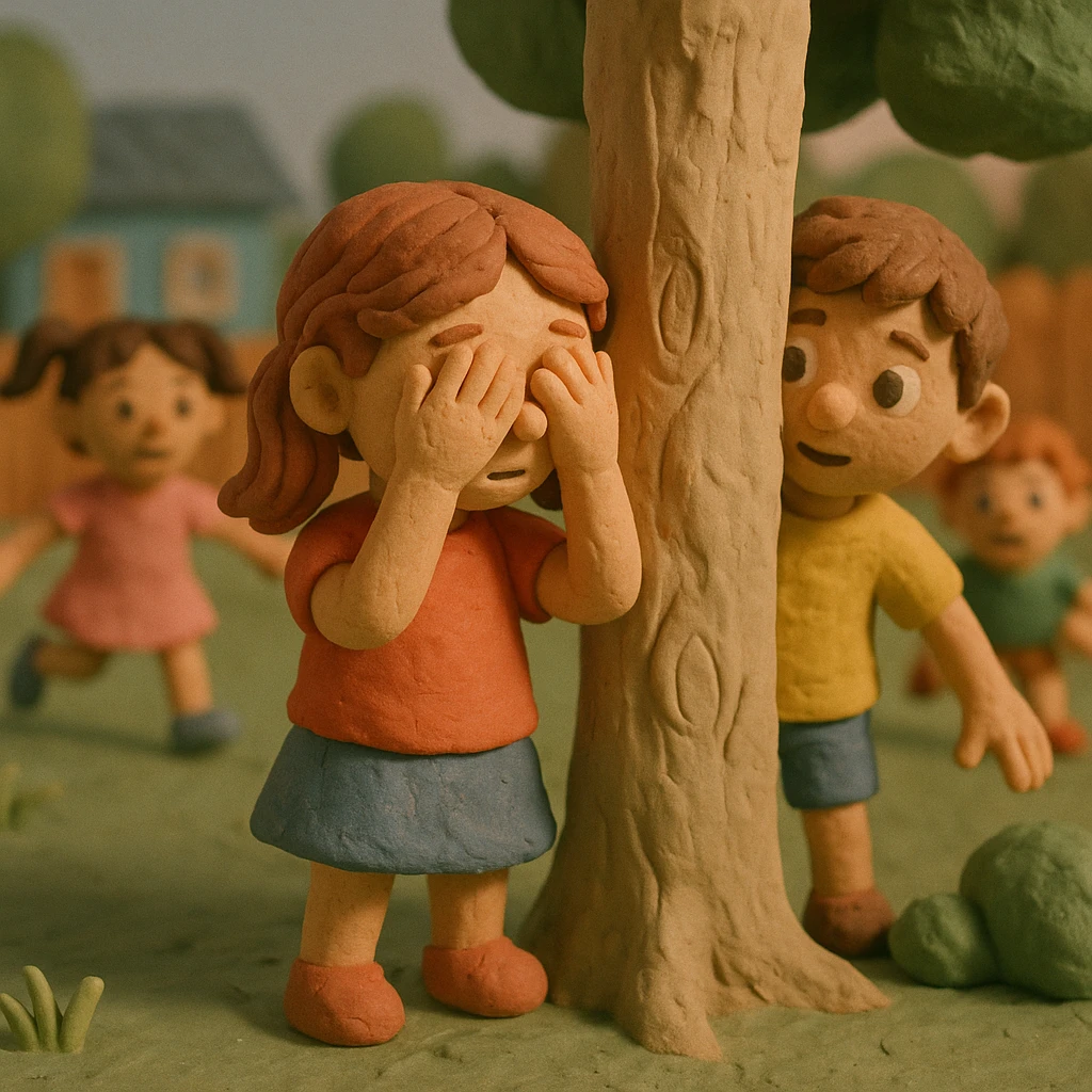 Children playing hide and seek in a yard, claymation style, pastel colors, visible fingerprints, matte plasticine texture. emoji