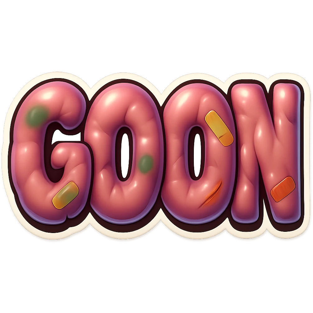 The word GOON with amorphous, glossy, blobby muscle shapes under the skin, with small adhesive bandages, greenish bruises, and comic-style scrapes. Retro sticker style, no background. emoji