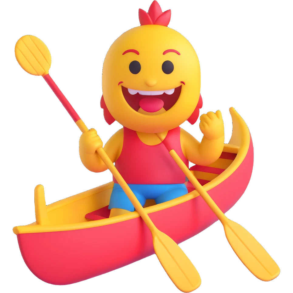 3D smiley emoji, round shape, holding dragon boat paddle, sporty face, transparent background (dragon boat racing) emoji