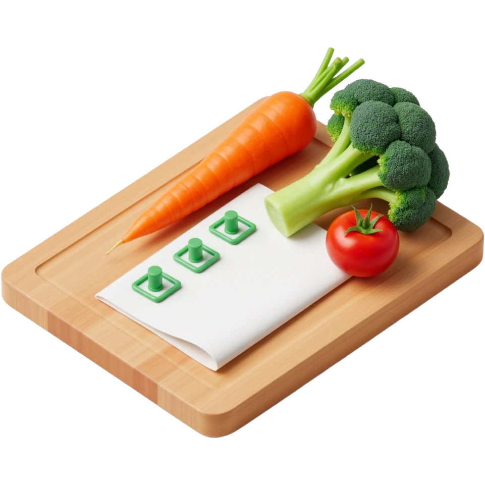 carrot tomato brocoli on the wooden cutting board with floating rolled paper list with green checkboxes emoji
