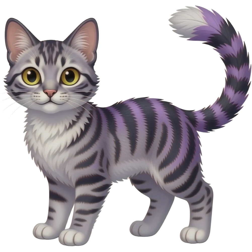 Furry, fluffy tropical flecked painted feathery scaly, Purple, white, black, Minccino-Bambino-Lykoi-Linoone-Zangoose-fusion-hybrid-animal-Fakémon-creature, full body, thin long sleek scaly tail, intricate markings emoji