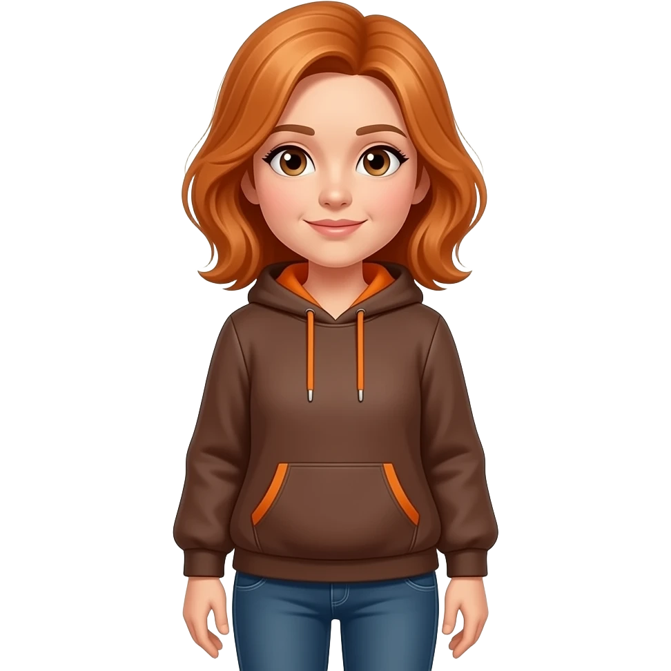 una señora de 38 años con sudadera marron amarangado com pelo amaranjado y pantalonescasuale y que mire sin una sonrisa y que tenga ojos del tiempo emoji