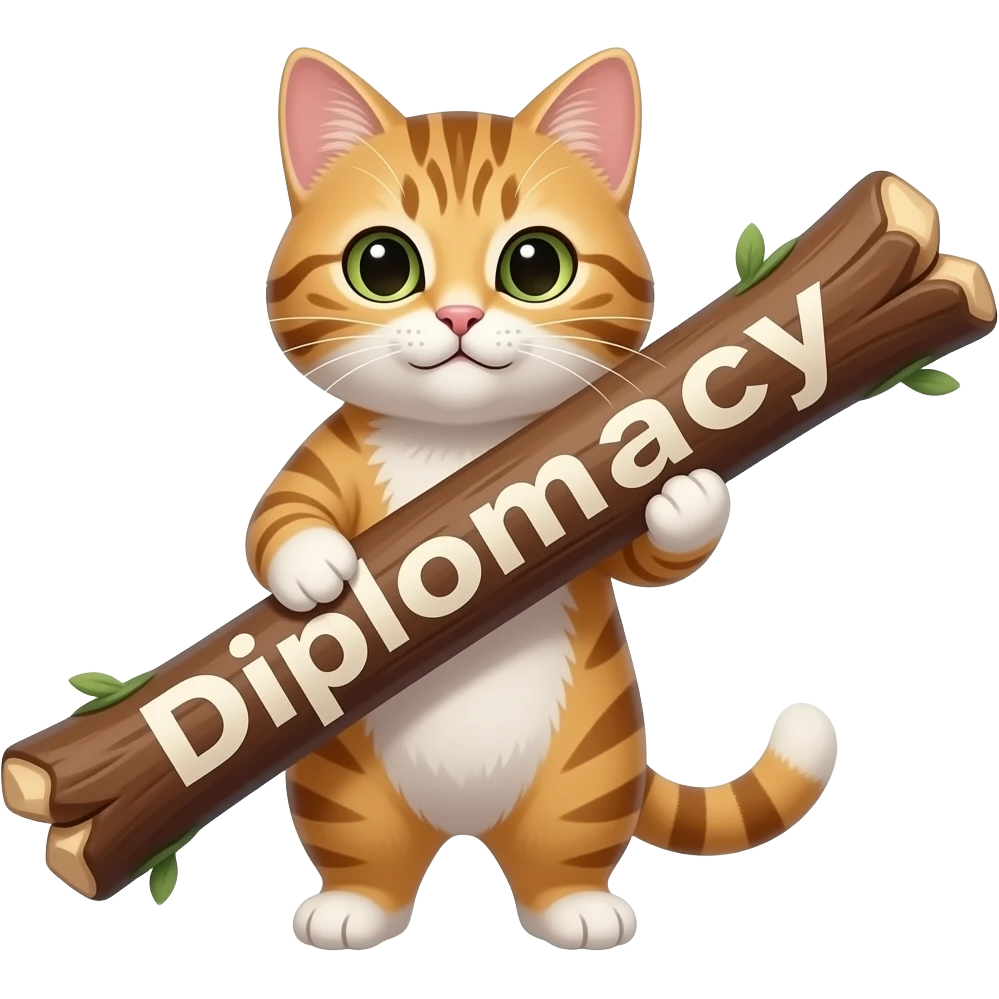 Cat holdind big stik text on stick Diplomacy emoji