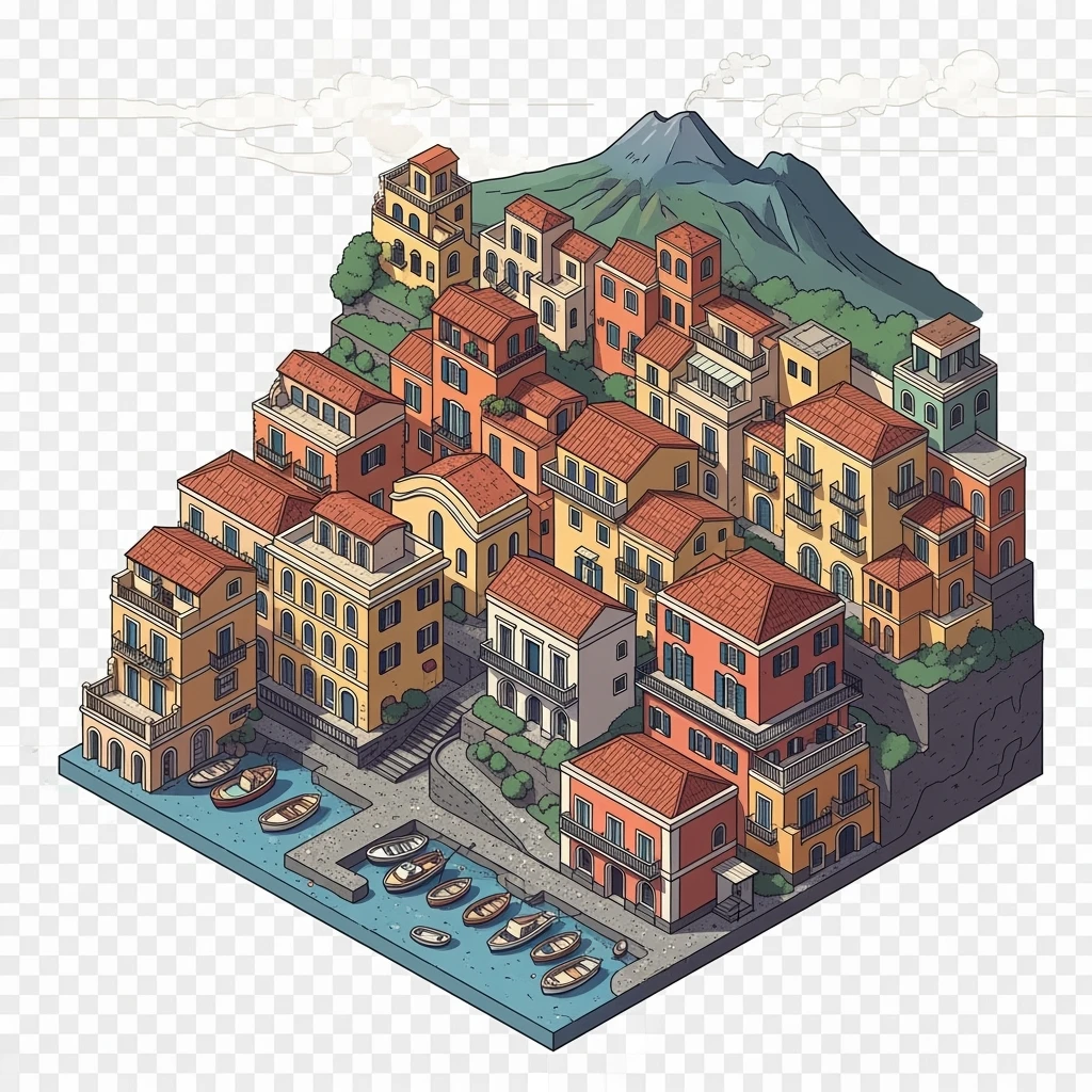 Isometric illustration of Naples, featuring colorful stacked coastal houses and Mount Vesuvius in the background, highly detailed in semi-realistic style with sharp outlines, balanced between stylized and realistic, 3D miniature effect, transparent background. emoji