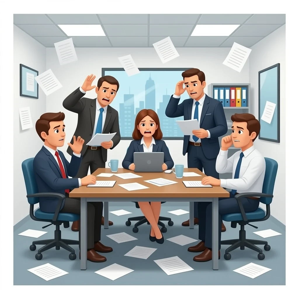 una imagen que respresente la falta de estrucura en un negocion con el mismo estilo de las imagenes anteriores  con personas en ella emoji