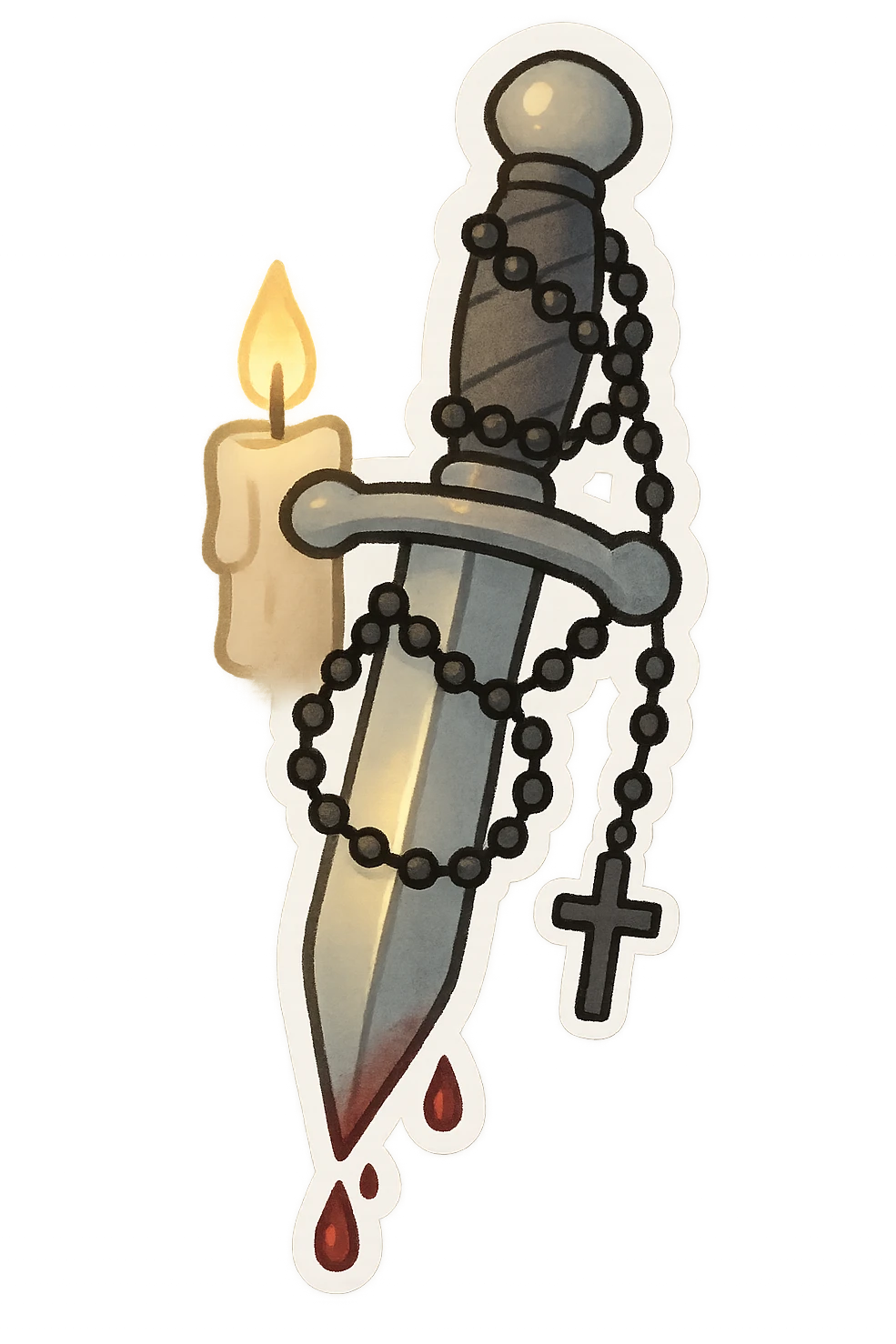 chibi-style silver dagger wrapped in a black rosary, tiny crucifix hanging from the hilt, soft glow around the blade, blood droplets on the tip, gothic Catholic aesthetic, muted tones of silver, black, and crimson, glowing softly under candlelight, dramatic yet reverent emoji