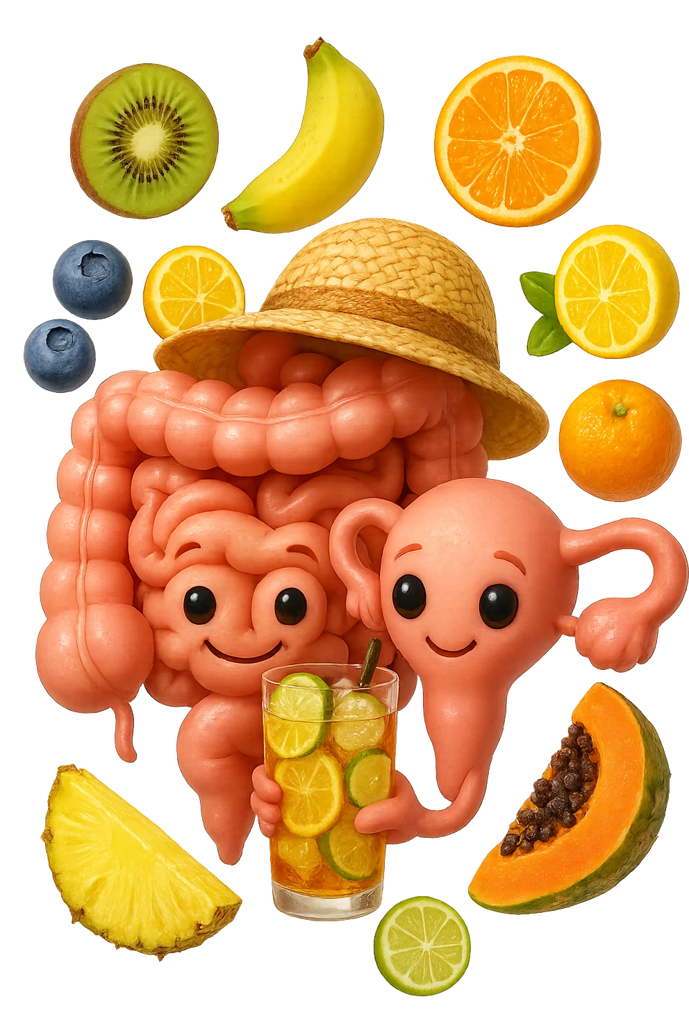 EMOJI STILE IPHONE DI INTESTINO E UTERO UMANI REALISTICI CON CAPPELLO DI PAGLIA DA SPIAGGIA CHE BEVE UN Tè FREDDO IN BICCHIERE DI VETRO CON DENTRO  fette di cetriolo, limone, lime, DIETRO L'INTESTINO FLUTTUANO PEZZETTI DI Kiwi
Banana acerba
Arance e mandarini
Mirtilli
Ananas
Papaya
IPERREALISTICO 4K emoji