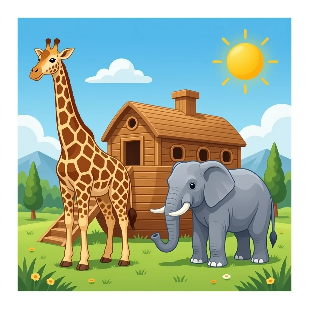 Noah’s Ark with Noah and giraffe and elephant emoji