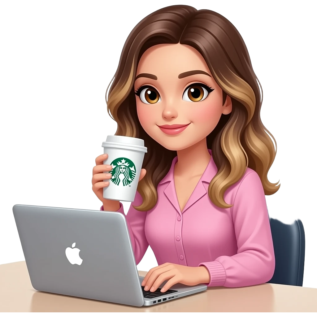 Woman drinking Starbucks coffee in Apple computer, balayage hair,  long hair. Brown eyes , round face, pink outfit emoji