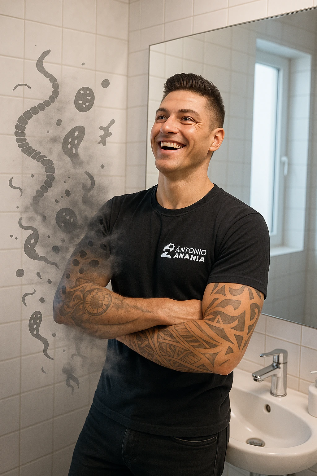 a man stands in a brightly lit bathroom, looking relieved and revitalized as he examines his reflection in the mirror. In the foreground, stylized, shadowy images of parasites (such as worms or protozoa) are shown leaving his body, dissolving into mist or fading away. His posture is upright and his expression is one of newfound energy and health. emoji