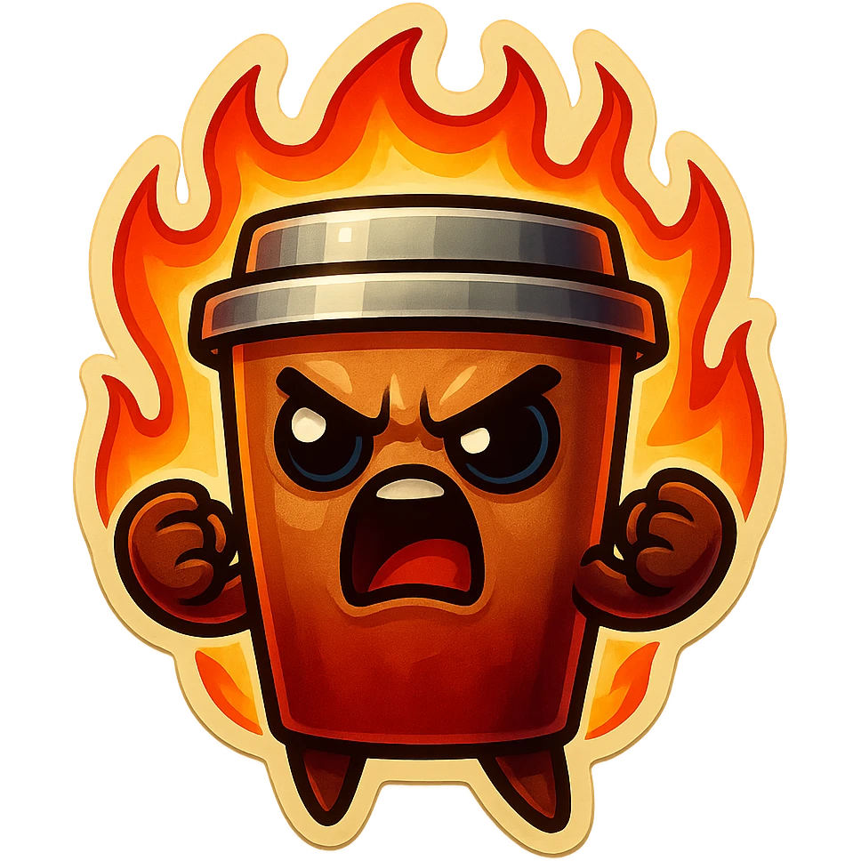 Tall coffee cup, angry, on fire, clenched fists, yelling emoji