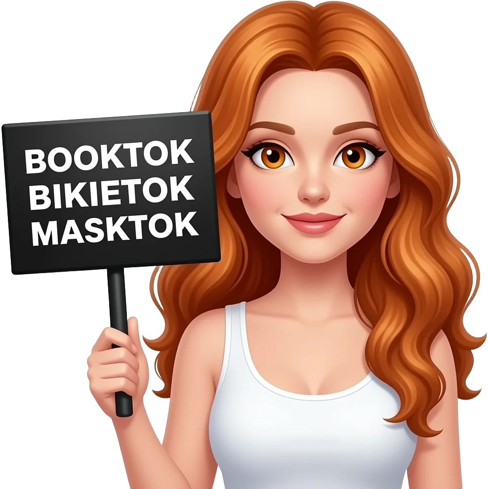 sexy girl with long wavy ginger hair and ginger eyes wearing a white tanktop is holding a black colored sign with BOOKTOK BIKETOK MASKTOK written on it emoji