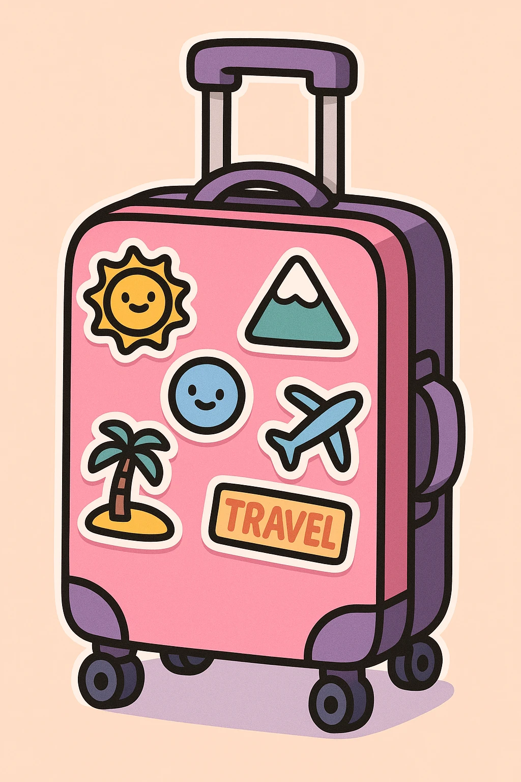 pink and purple rolling suitcase with various travel stickers, thick line art, flat pastel colors, graphic shadows and highlights, white sticker outline, cute cartoon style emoji