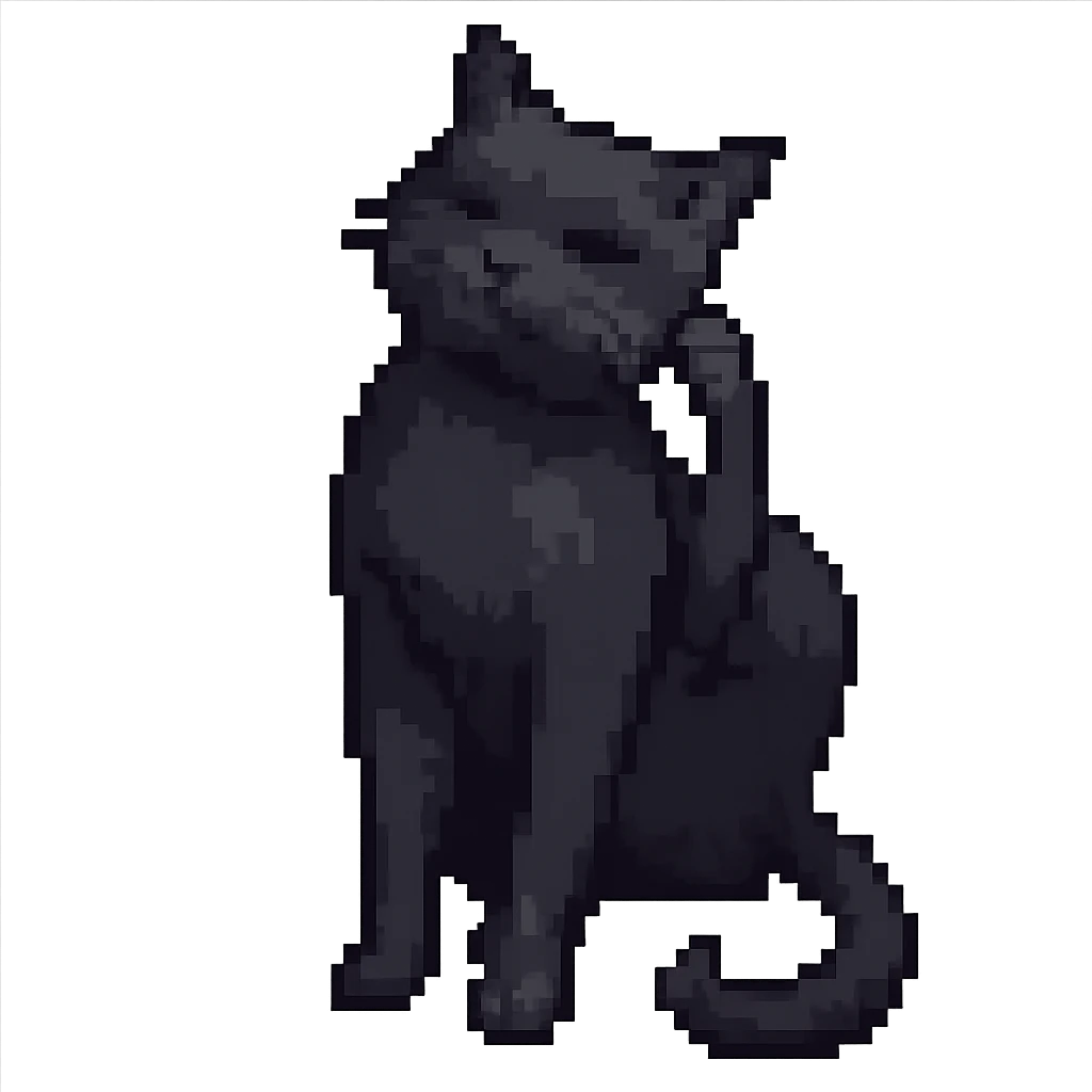 Edit the image of a black cat scratching its neck in the same pose, in pixel art style with transparent background. emoji