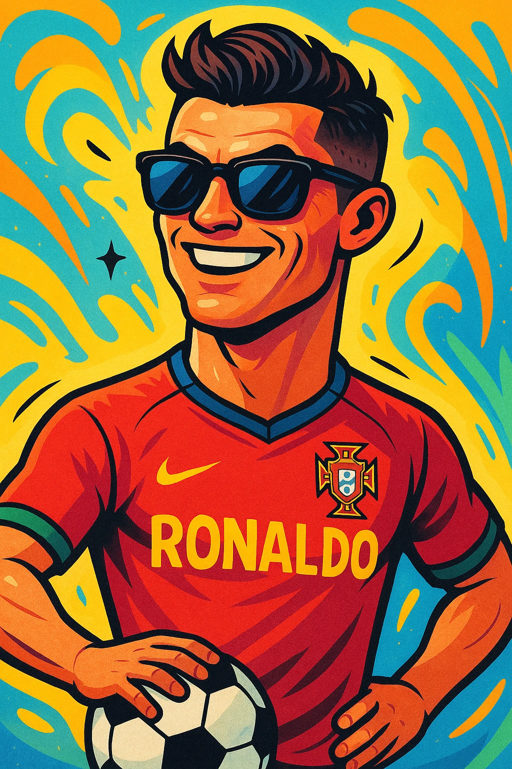 Create an image of Ronaldo with stylish sunglasses and a football next to him in a vibrant cartoon style. Emphasize bright colors and lively cartoon aesthetics. emoji