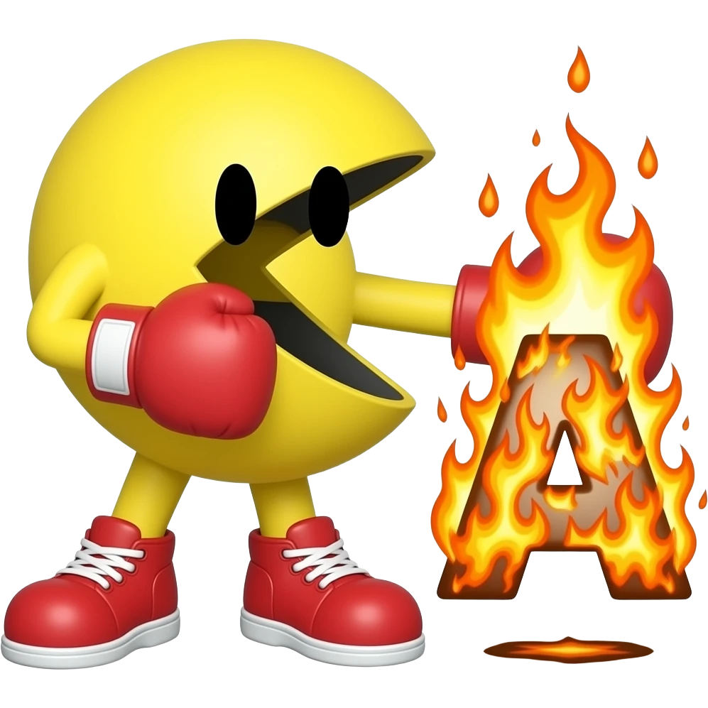 Traditional PAC man with no eyes with flames arm punching with a boxing the letter A in flames emoji