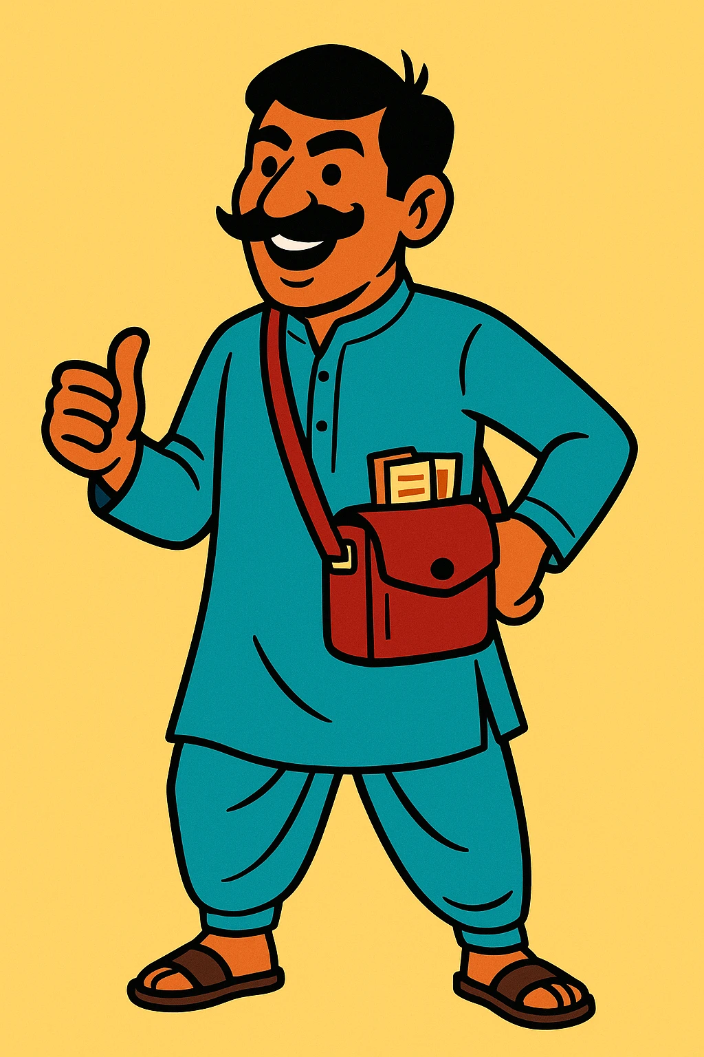 Pakistani bus conductor standing with ticket pouch, smiling, wearing shalwar kameez, mustache, energetic, South Asian features, vibrant illustration, plain background emoji