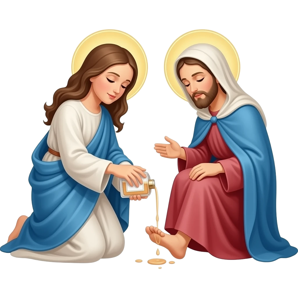Mary pours the bottle of perfume on Jesus feet with her hair emoji
