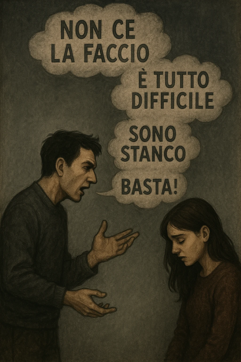 Vertical format: A man speaking, clouds of negative words in Italian ('Non ce la faccio', 'È tutto difficile'), a woman lowering her gaze, heavy energy between them. emoji