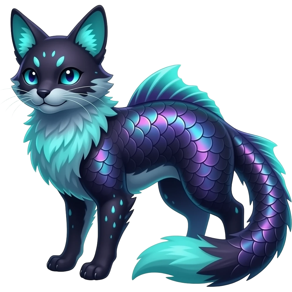 Realistic elegant furry iridescent-scaled slim smooth shiny glossy elegant mature bioluminescent oil-dark, purplish, neon-cyan-accented, fishy back-finned, abyss-fantasy-Lykoi-Bambino-Vaporeon-Umbreon-Civet-Fakémon-fusion, with thin neon-glowing bulb-whiskers, koi-piebald-flecked full body emoji